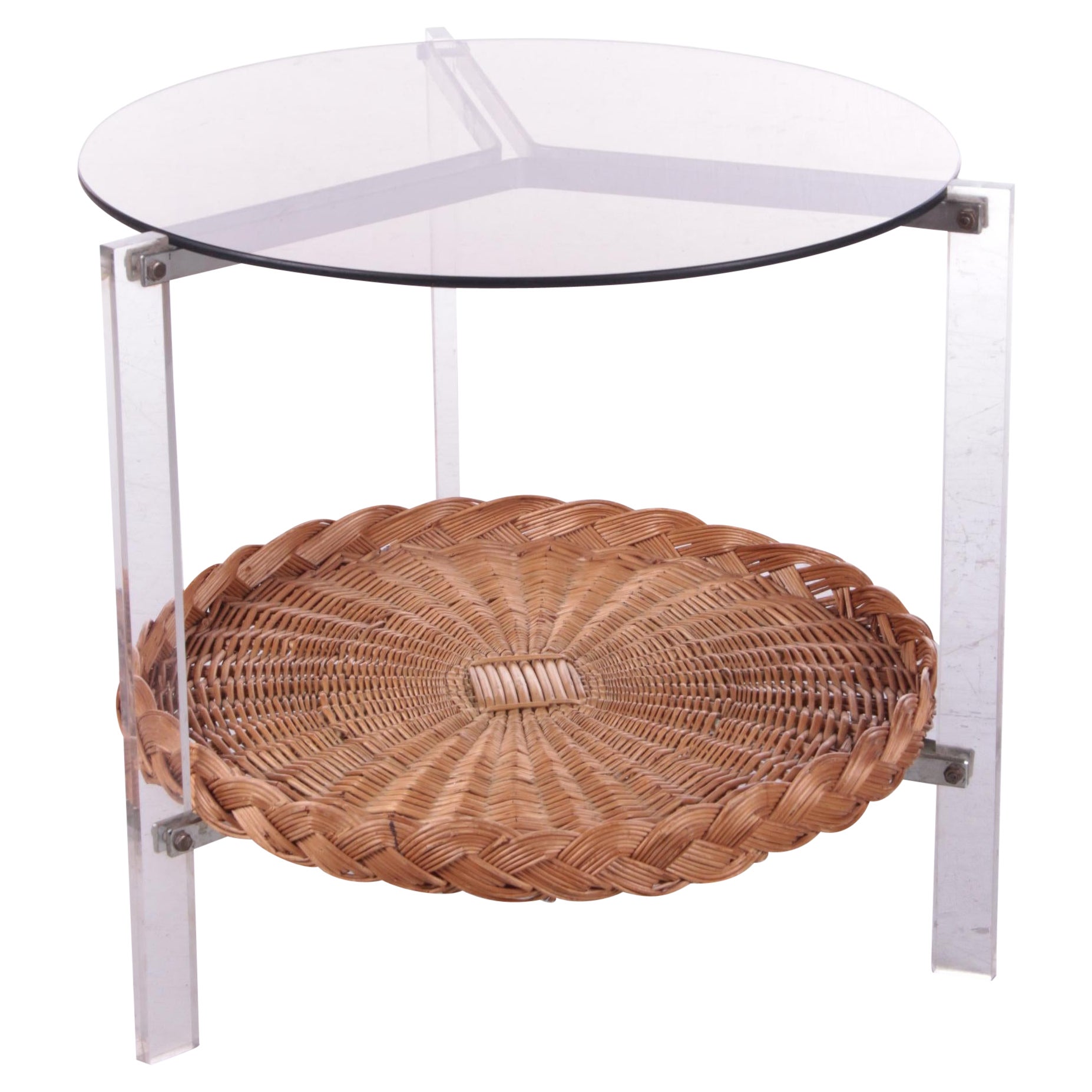 Vintage Glass Side Table with Rattan Magazine Rack, 1960s