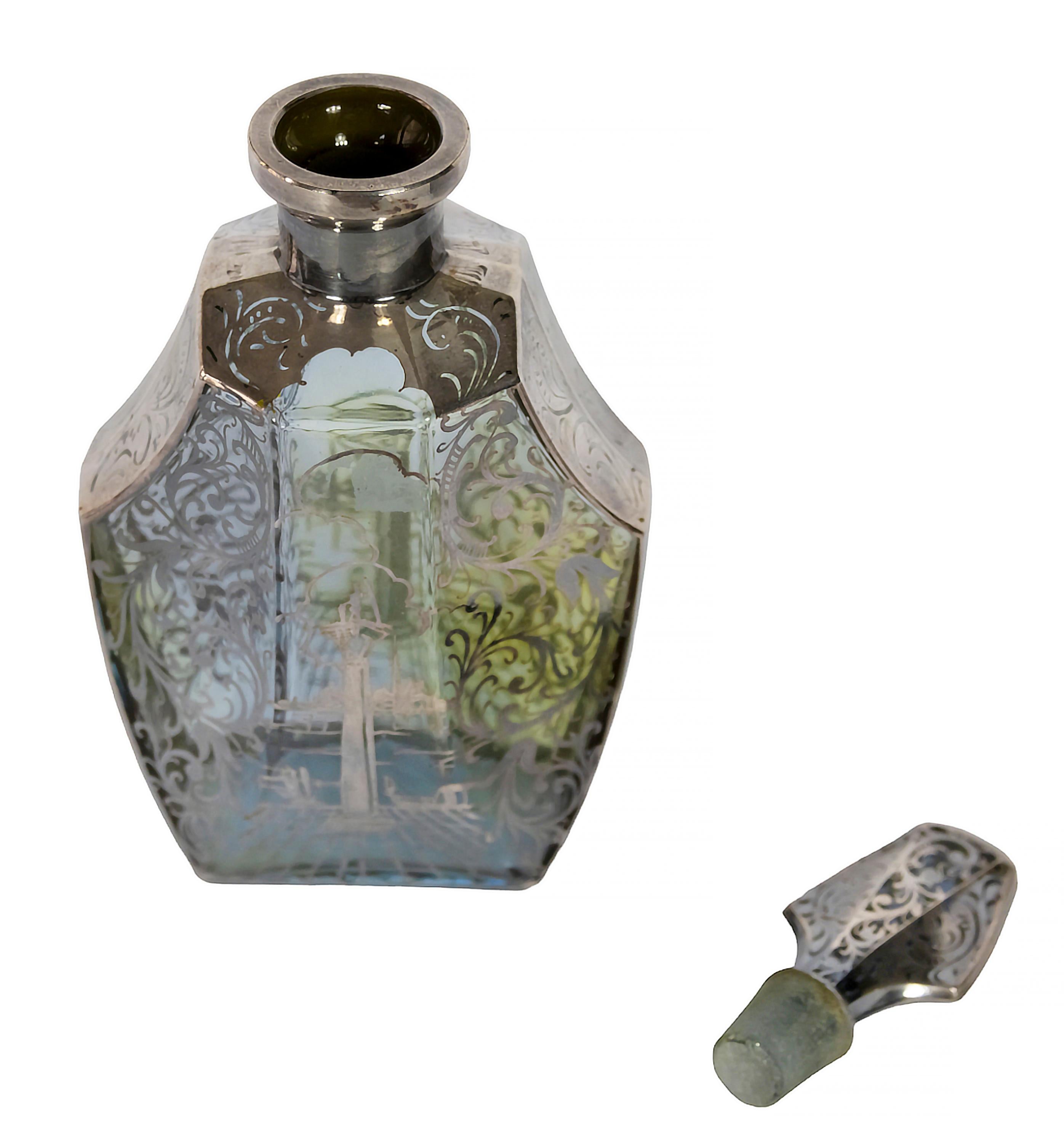 French Vintage Glass Silver Overlay Art Deco Liqueur Set For Sale