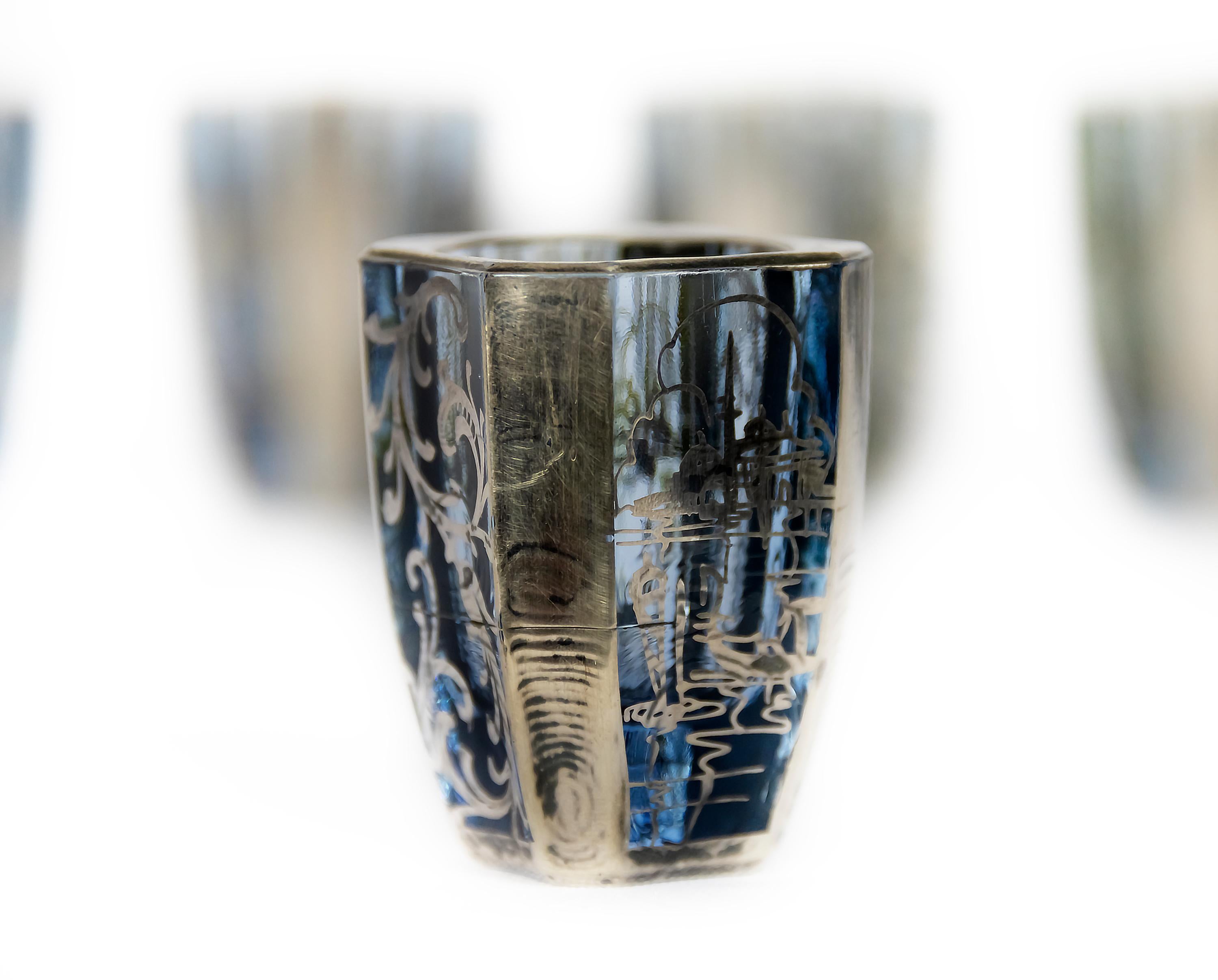 Vintage Glas Silber Overlay Art Deco Likör Set (Vergoldet) im Angebot