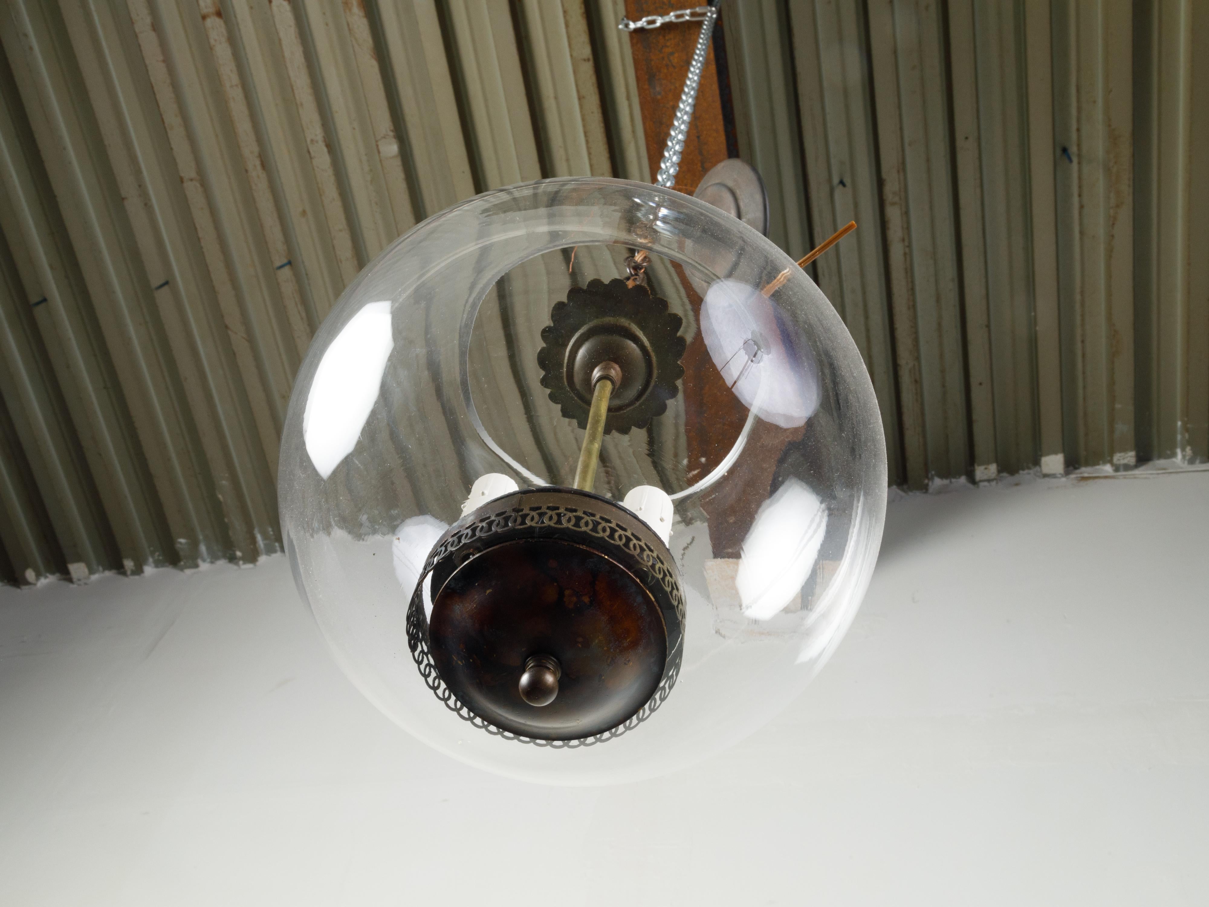Vintage Glass Sphere Light Fixture with Three Lights, Rewired for the US In Good Condition In Atlanta, GA