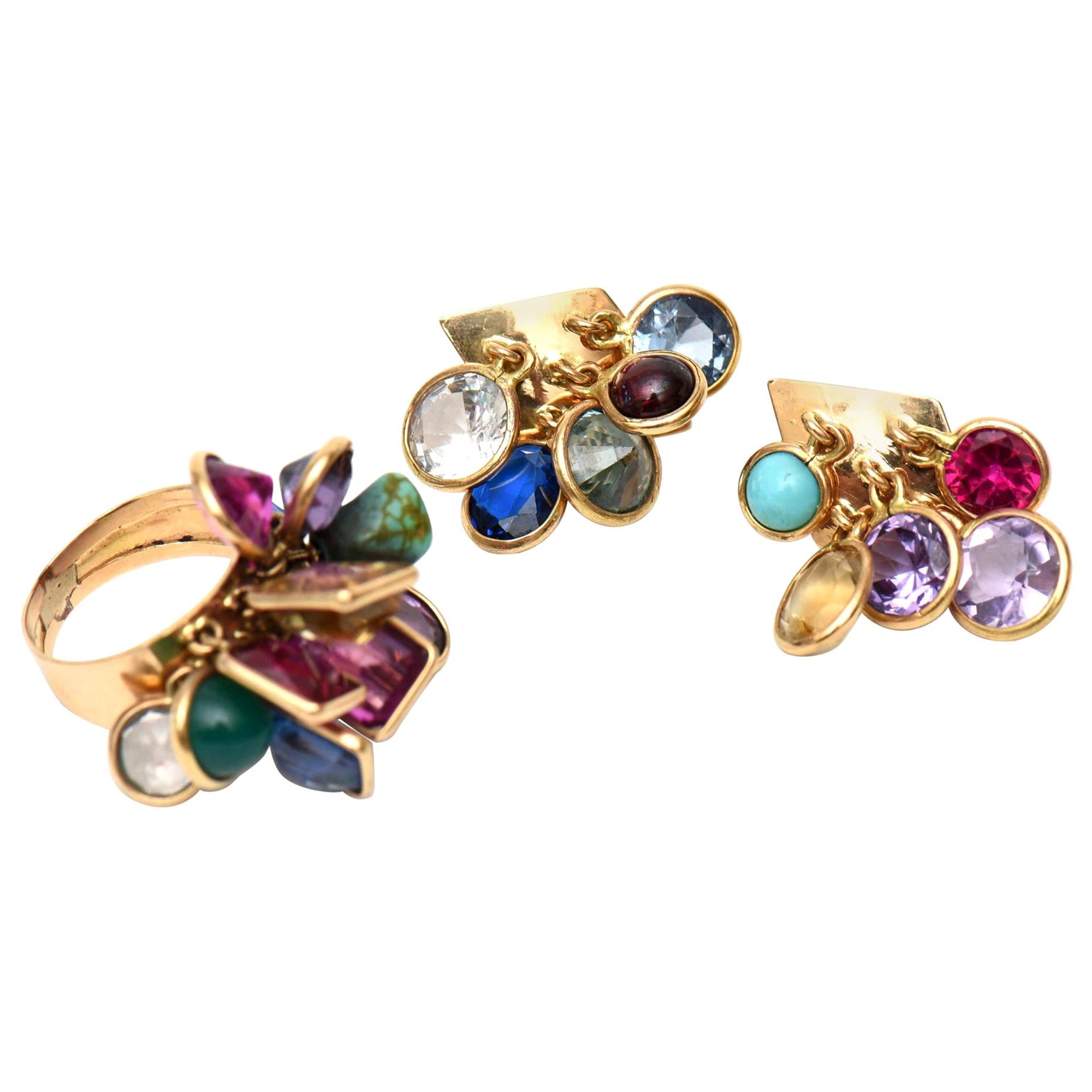 Conjunto de Anillo y Pendientes Colgantes de Piedra de Cristal Vintage Tono Joya en venta