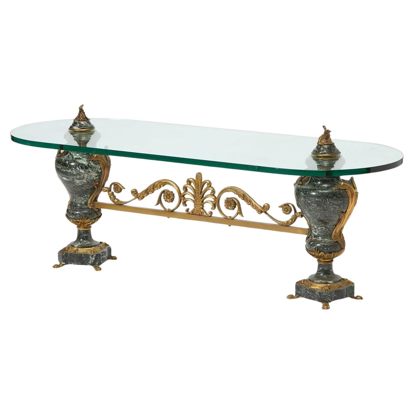 Vintage Glass Top Coffee or Cocktail Table with Bronze Urn Base For Sale