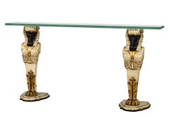 Vintage Glass Top Console Table Pharaoh Base