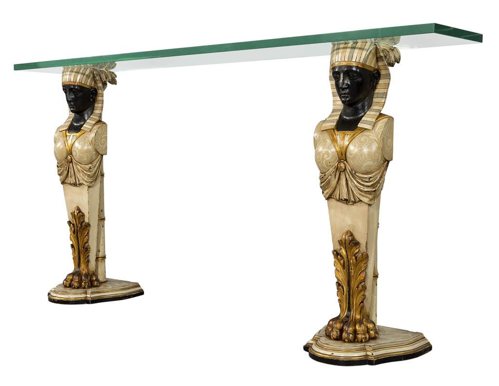 Egyptian Vintage Glass Top Console Table Pharaoh Base