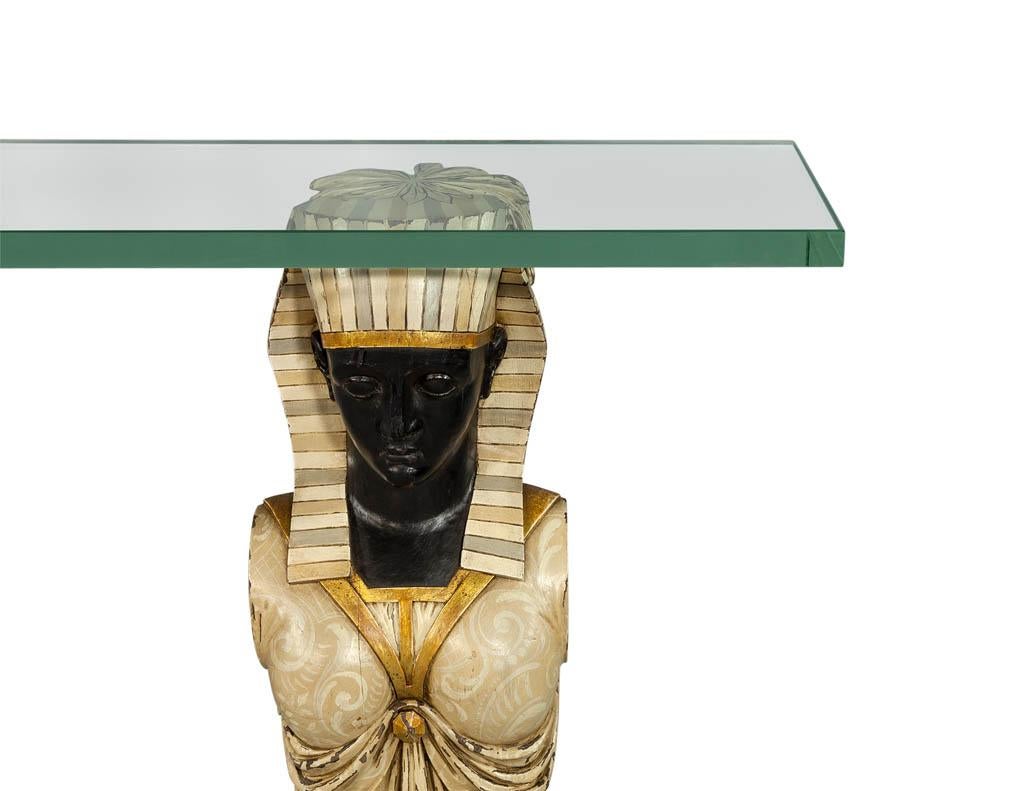 American Vintage Glass Top Console Table Pharaoh Base