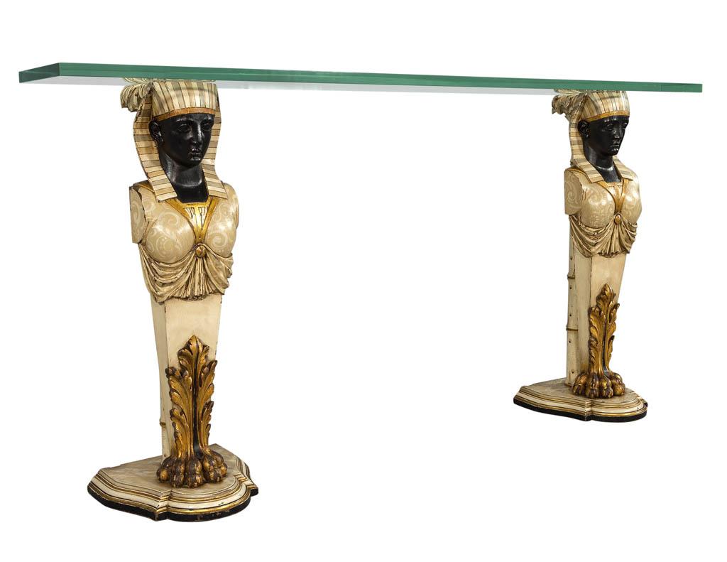 Mid-20th Century Vintage Glass Top Console Table Pharaoh Base