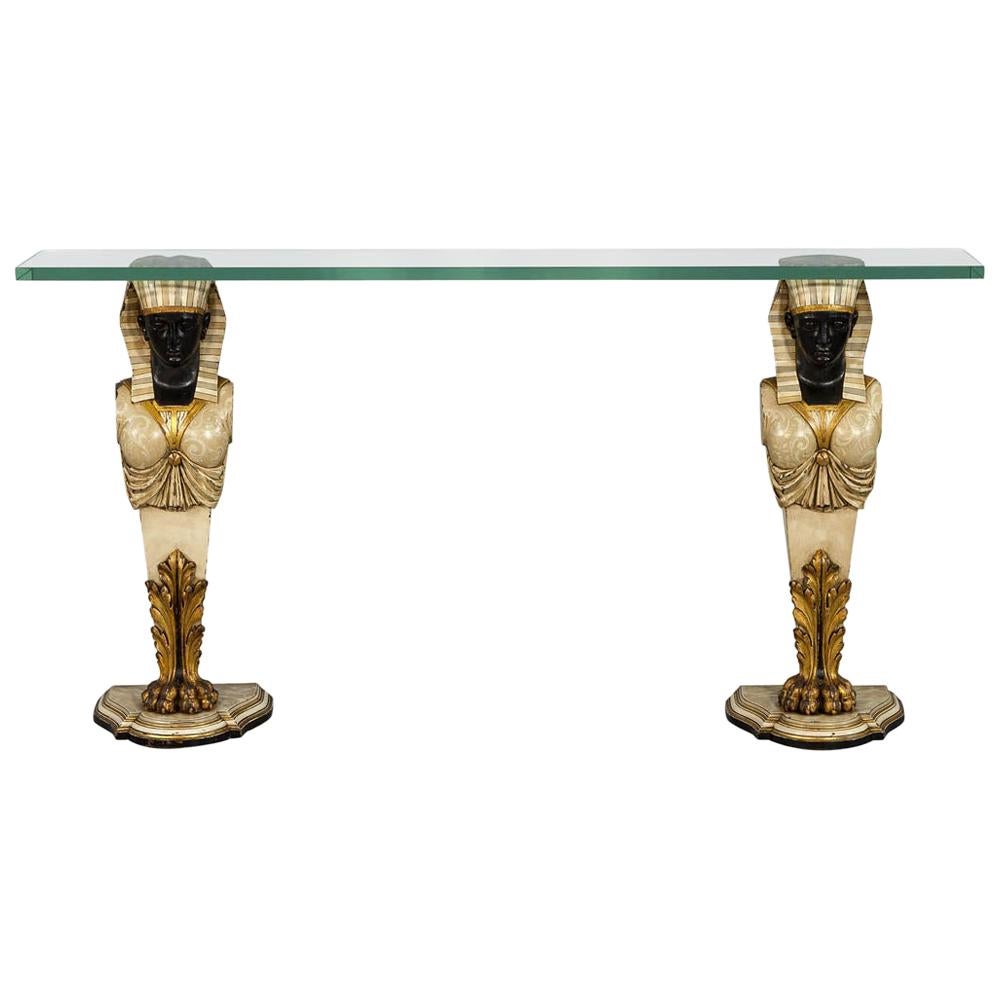 Vintage Glass Top Console Table Pharaoh Base
