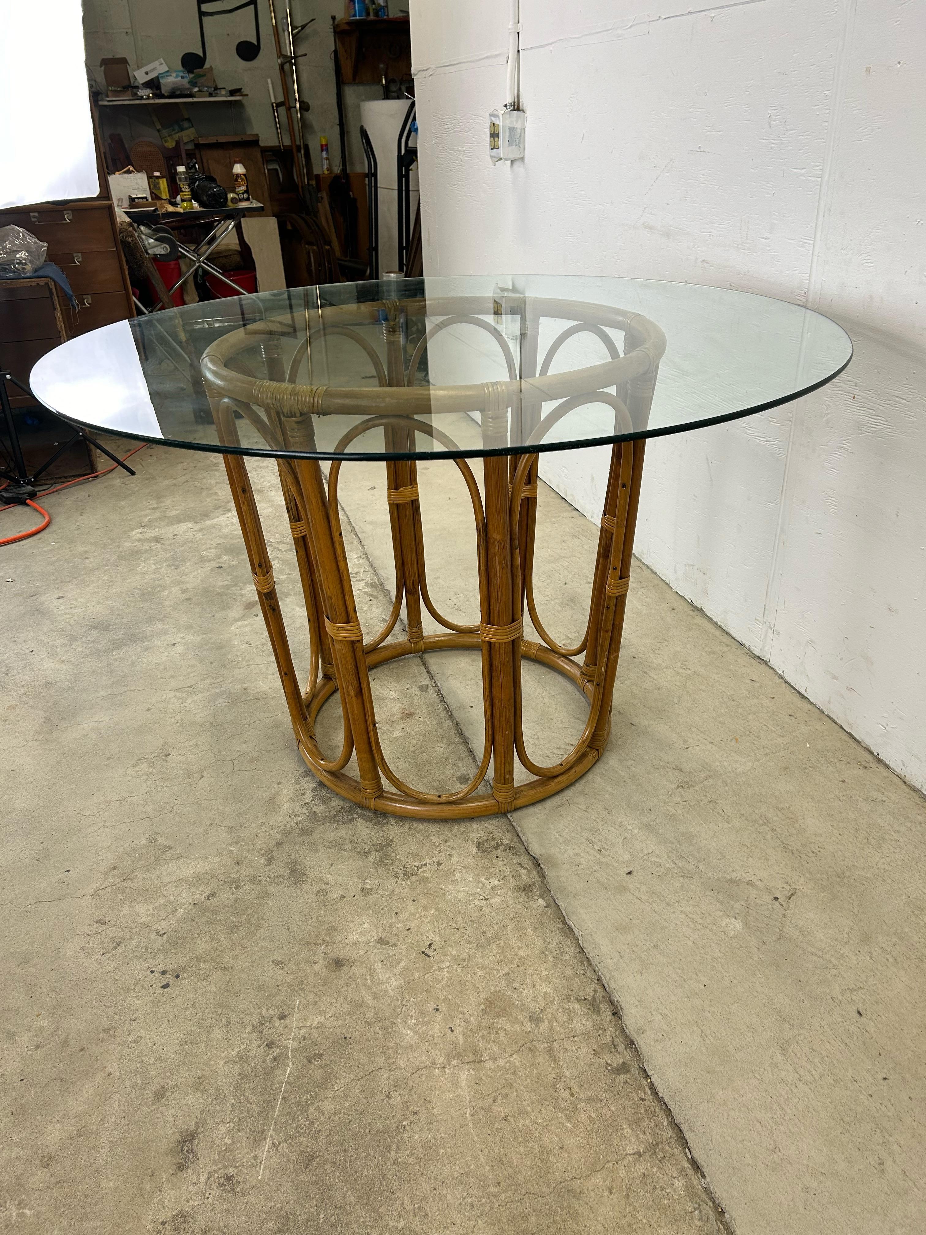 Vintage Glass Top Dining Table with Rattan Pedestal Base For Sale 7