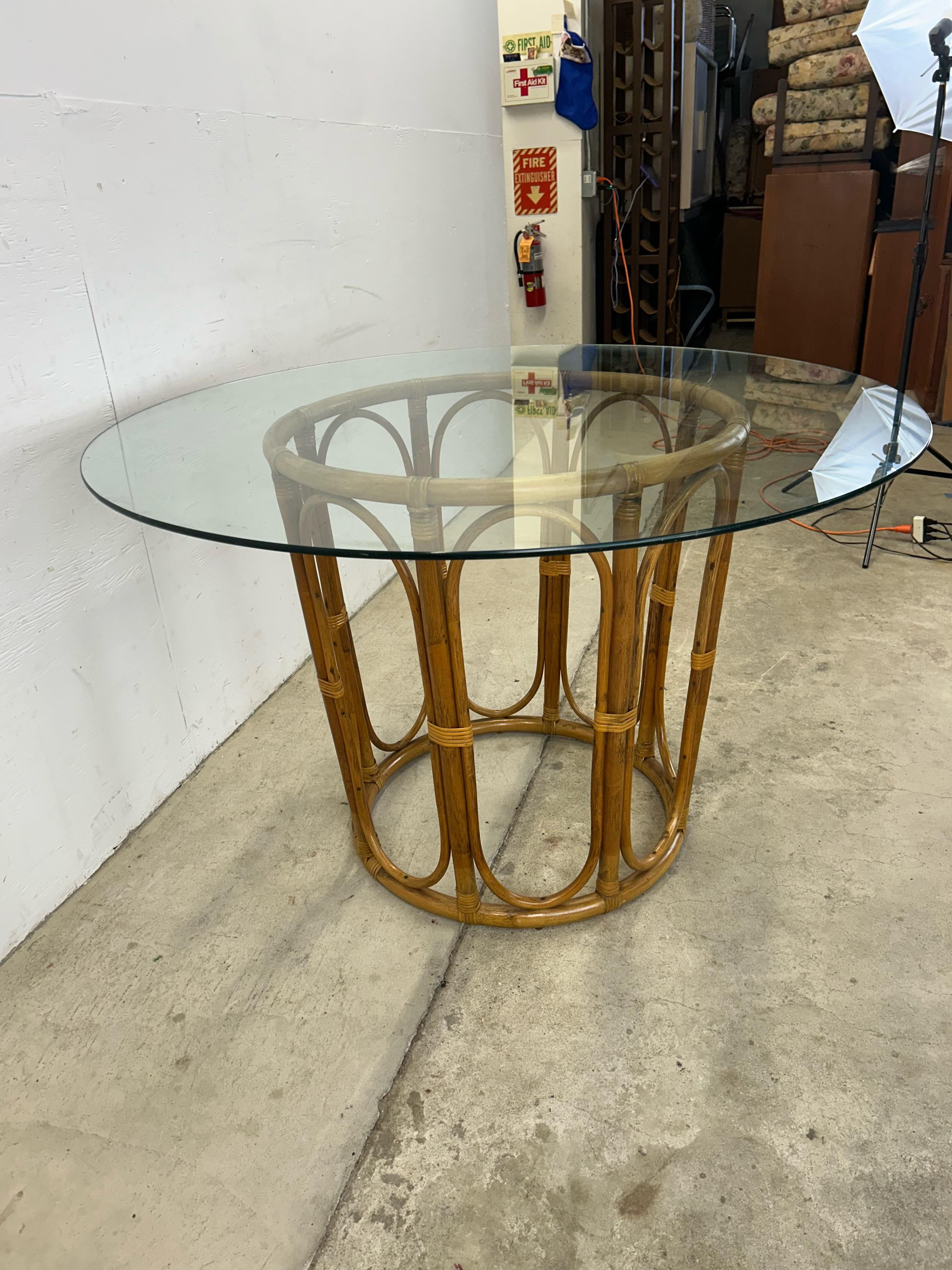 Vintage Glass Top Dining Table with Rattan Pedestal Base For Sale 8