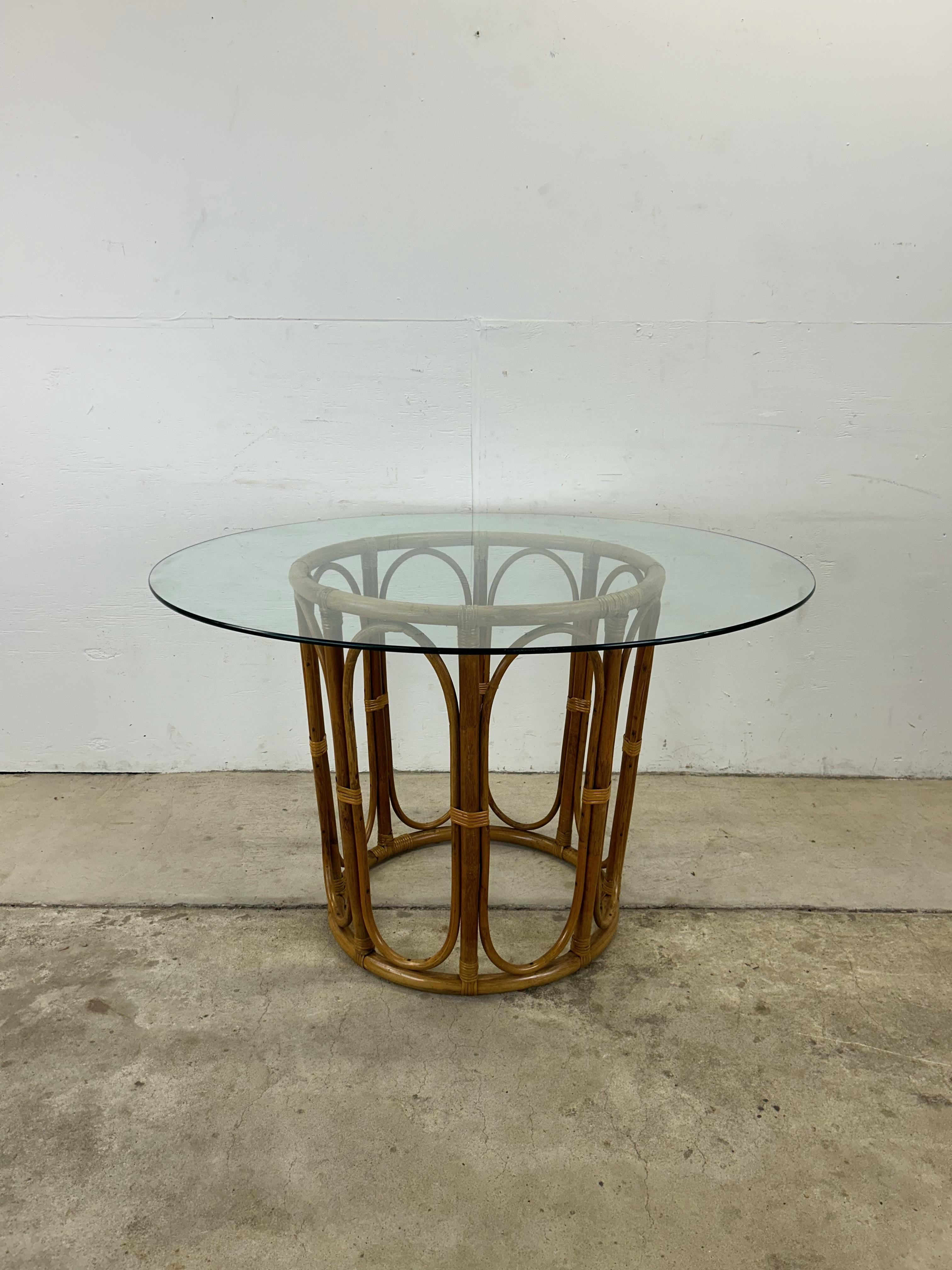Bohemian Vintage Glass Top Dining Table with Rattan Pedestal Base For Sale