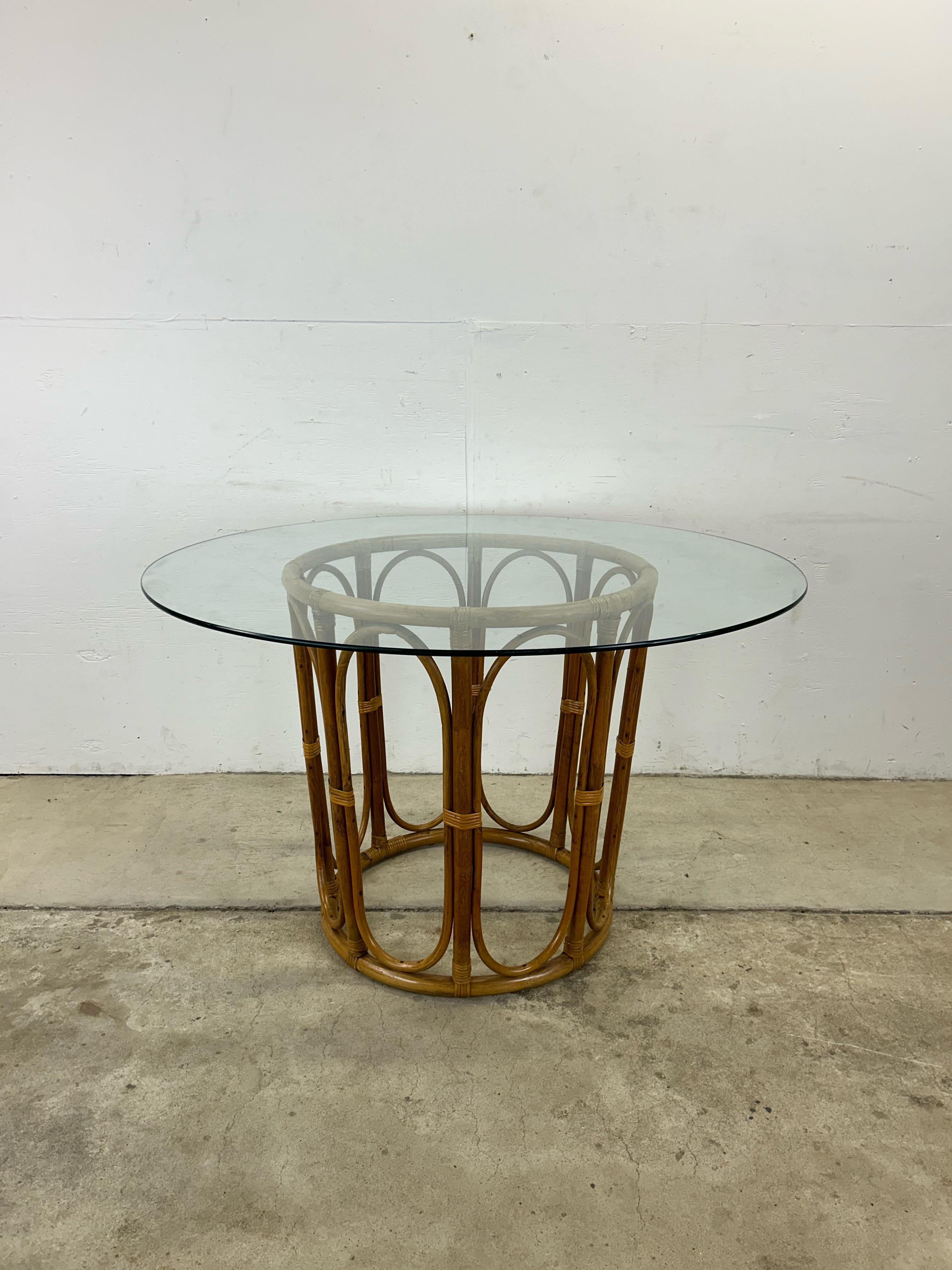 American Vintage Glass Top Dining Table with Rattan Pedestal Base For Sale