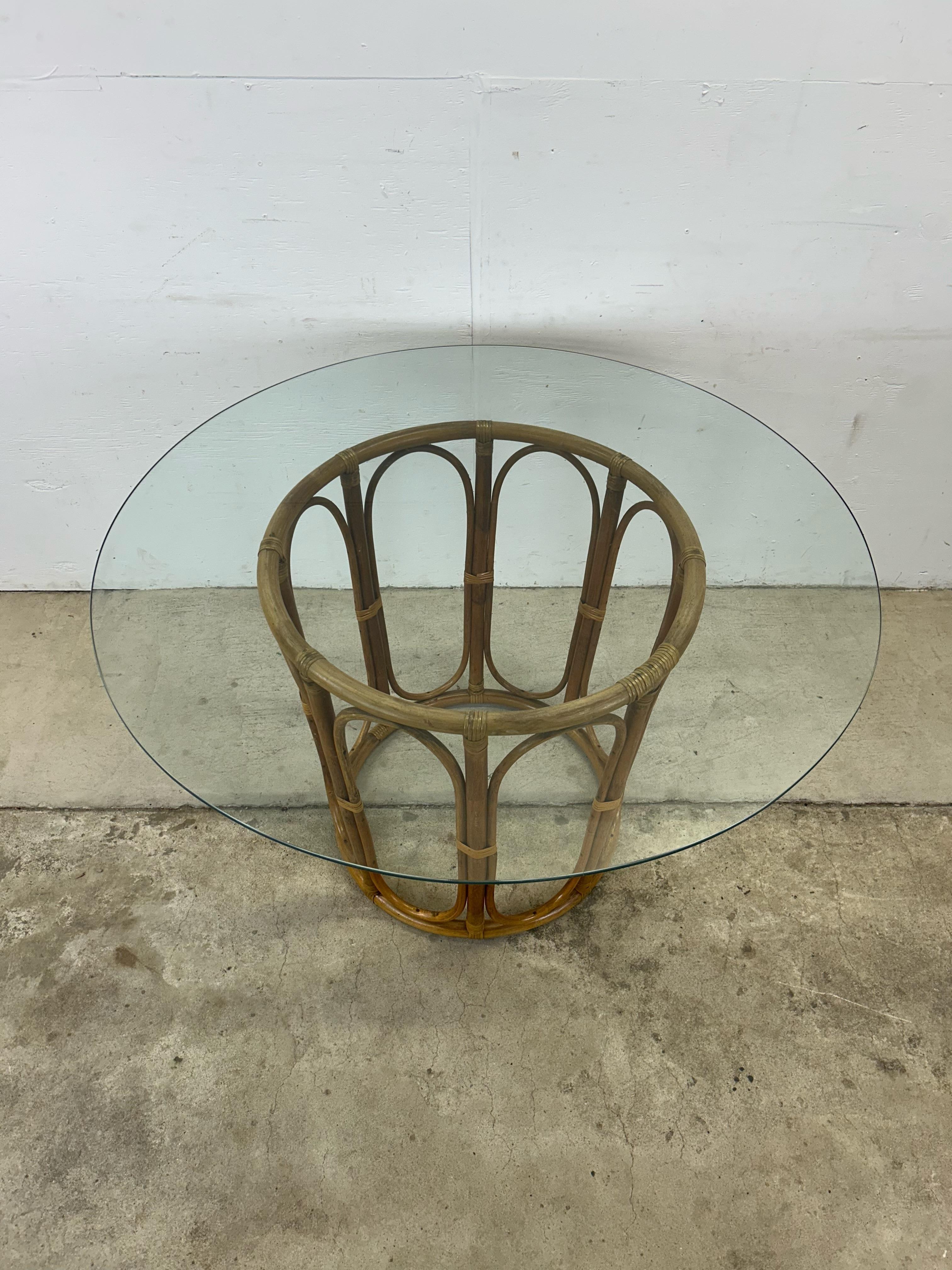 Vintage Glass Top Dining Table with Rattan Pedestal Base In Good Condition For Sale In Freehold, NJ