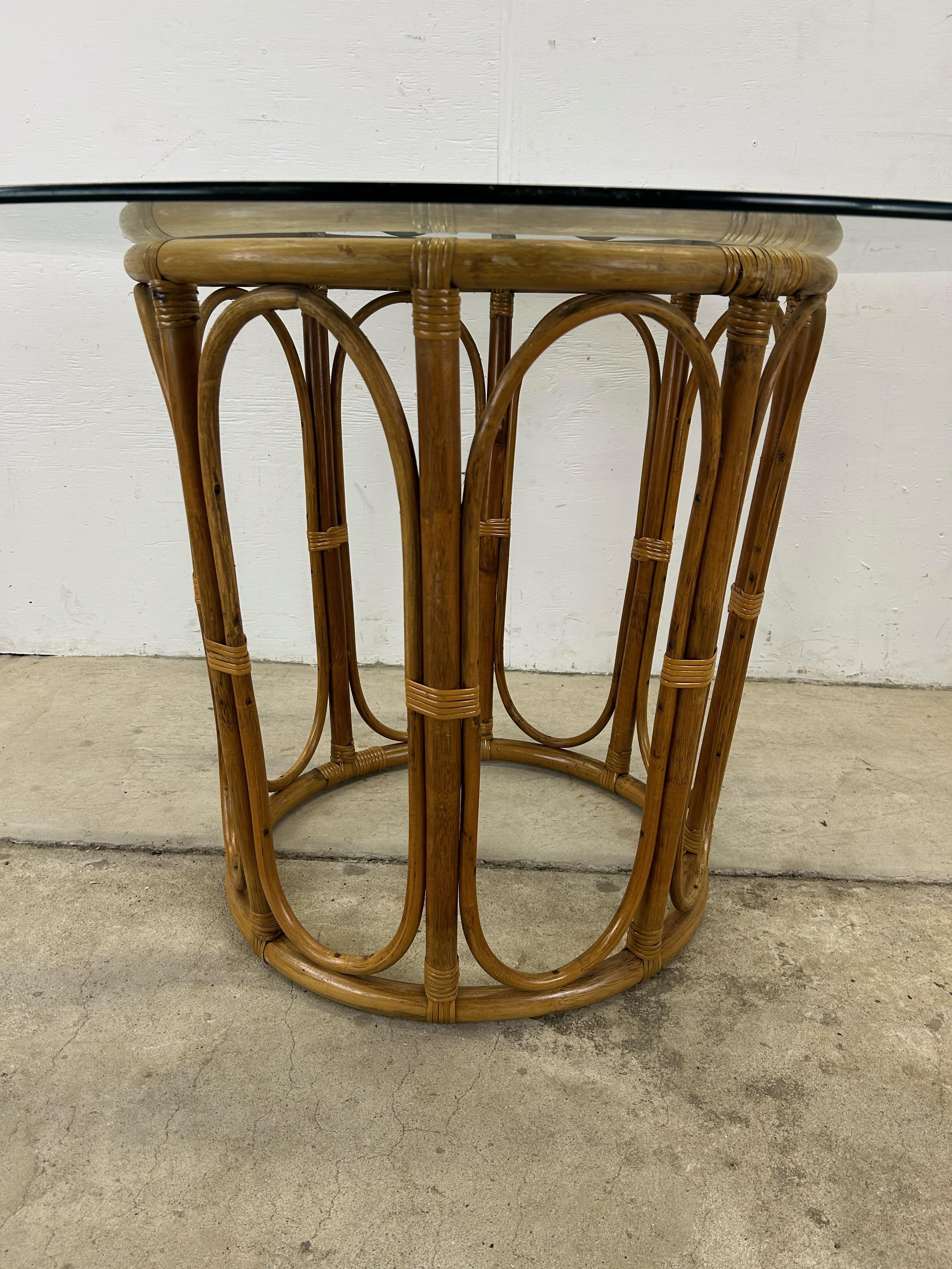 20th Century Vintage Glass Top Dining Table with Rattan Pedestal Base For Sale