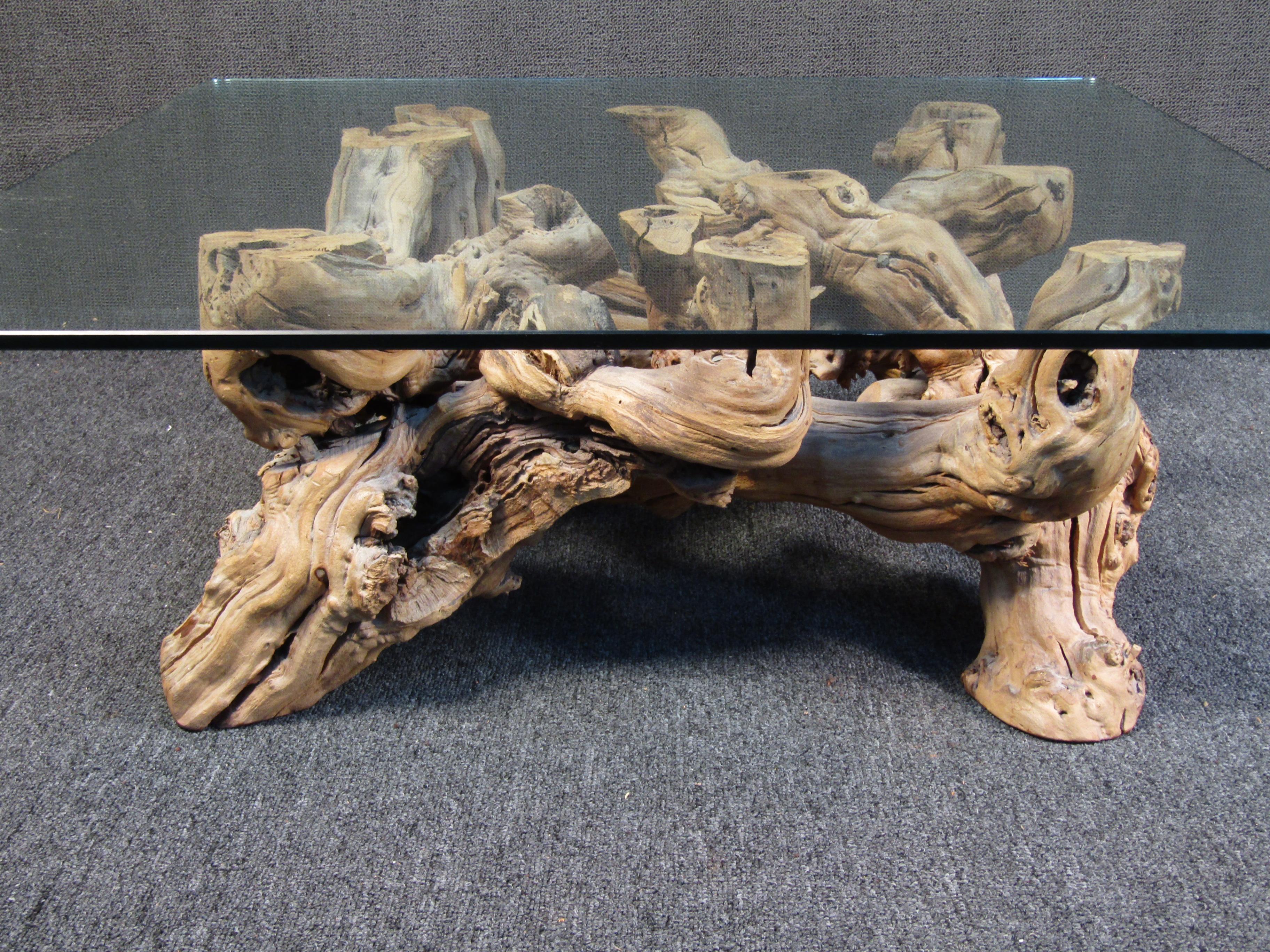 Vintage Glass-Topped Driftwood Coffee Table For Sale 1