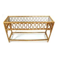 Vintage Glass Topped Ribbon Ripple Rattan Sofa Table Console Table