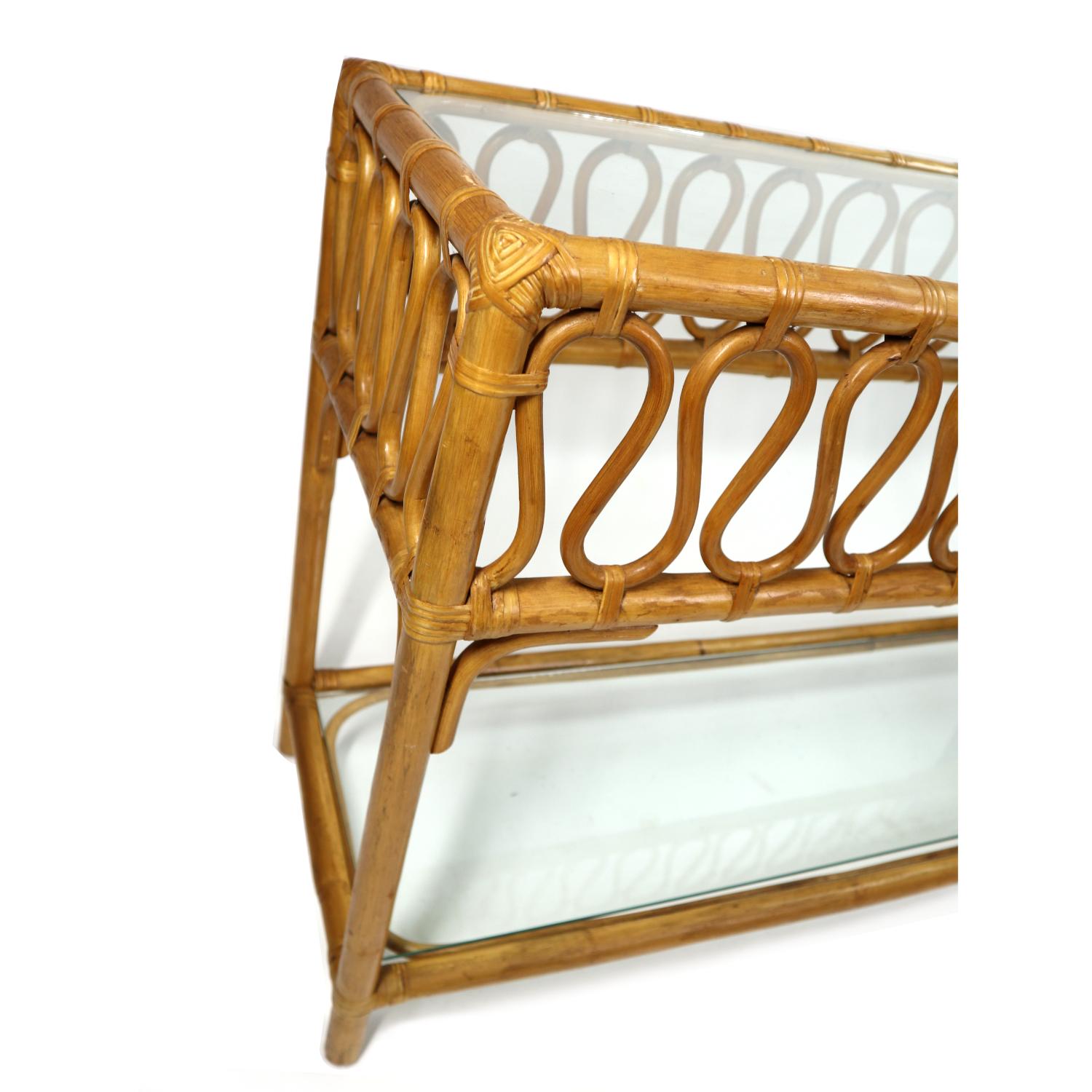 Bohemian Vintage Glass Topped Ribbon Ripple Rattan Sofa Table Console Table