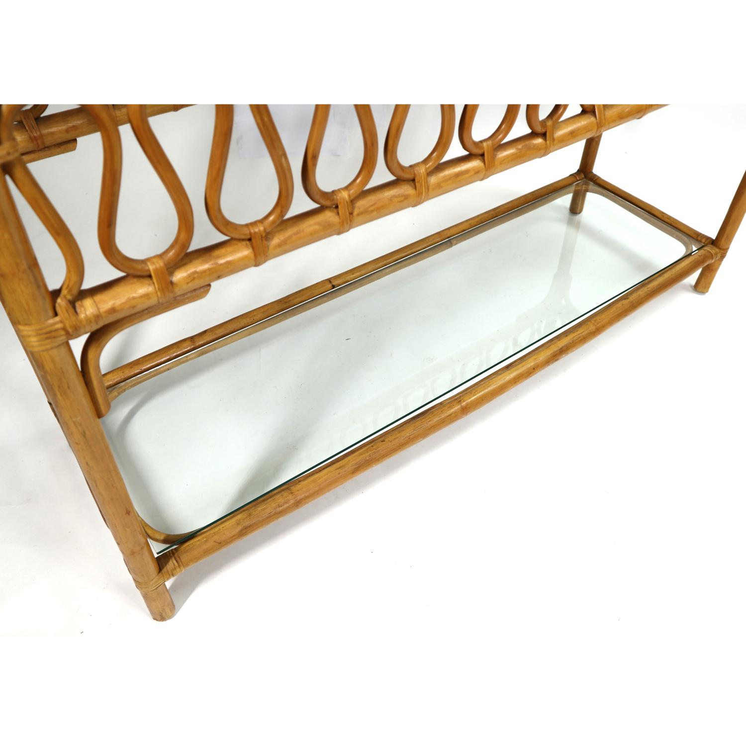 American Vintage Glass Topped Ribbon Ripple Rattan Sofa Table Console Table