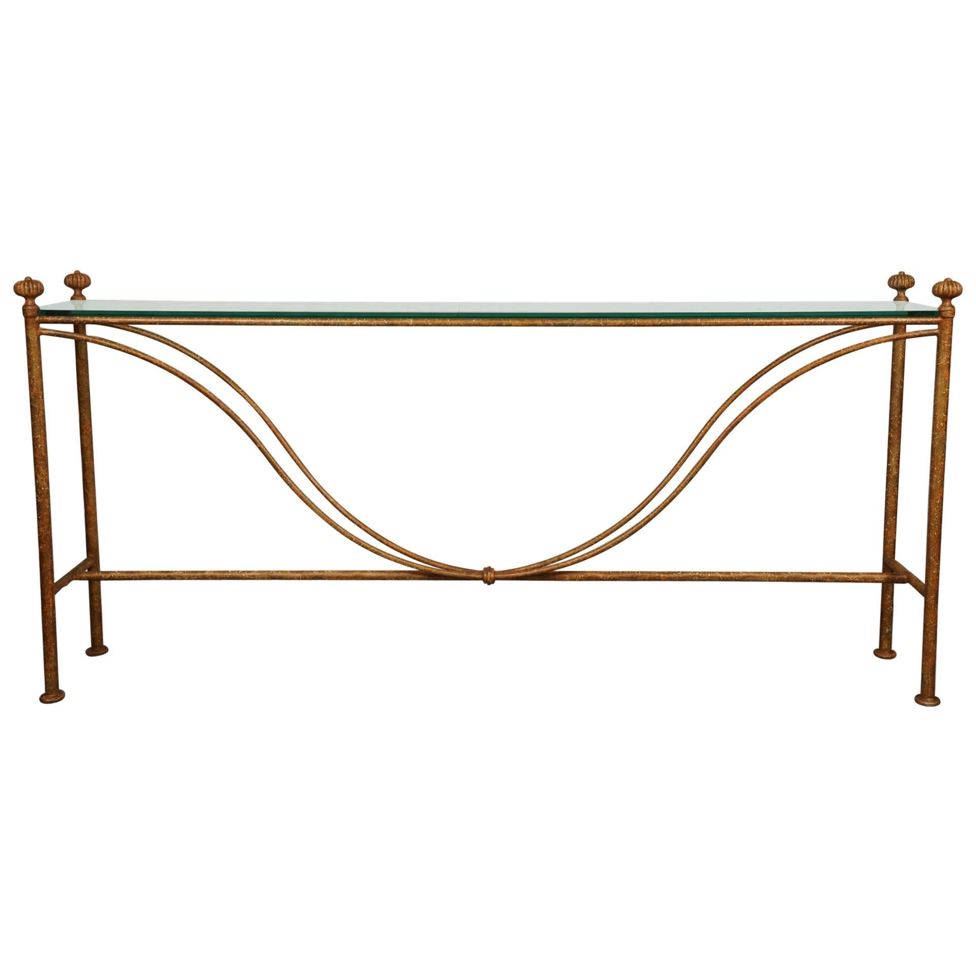 Vintage Glass Topped Wrought Iron Painted Console Table