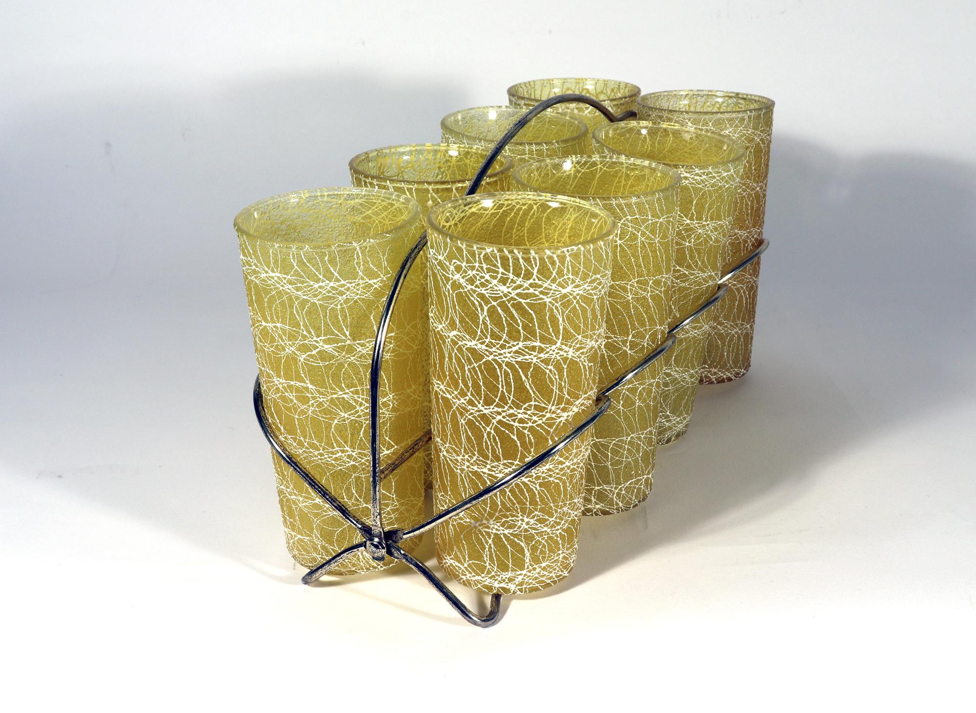 Mid-Century Modern Vintage Glass Tumblers, Spaghetti String by Color Craft, Indianapolis For Sale