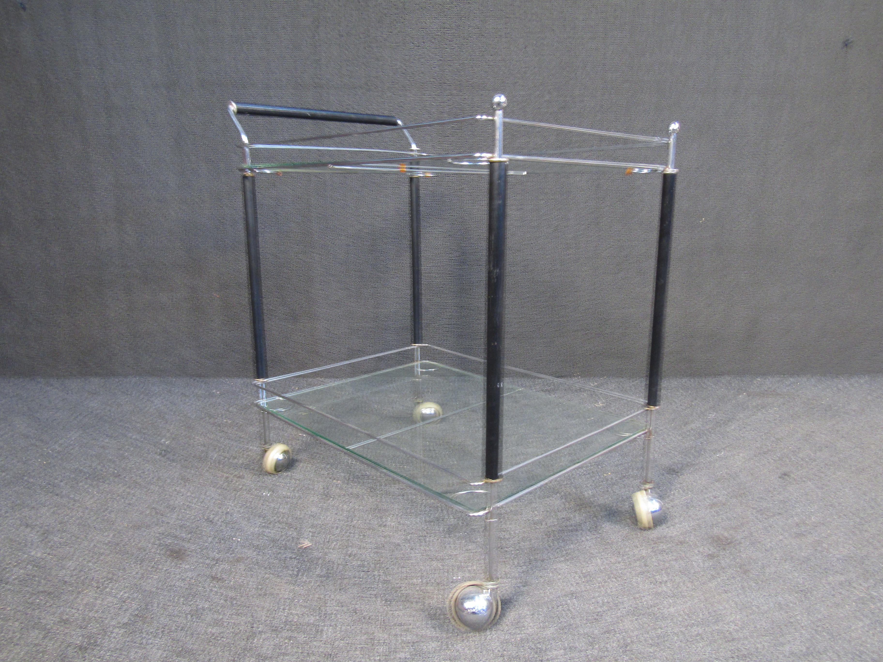 Mid-Century Modern Vintage Glass Two Tier Bar Cart For Sale