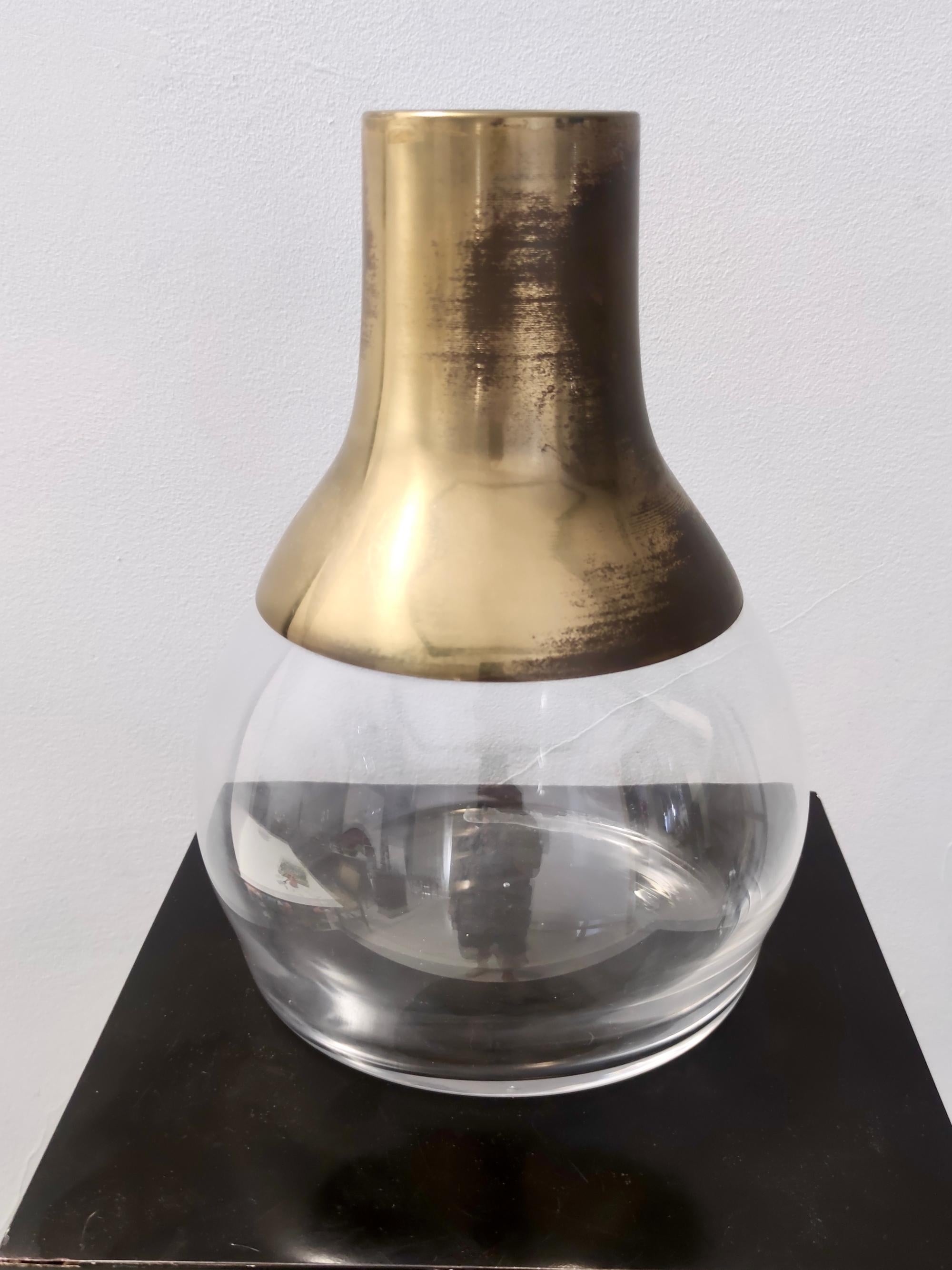 Mid-20th Century Vintage Glass Vase with Brass Part in the Style of Max Ingrand, Italy For Sale
