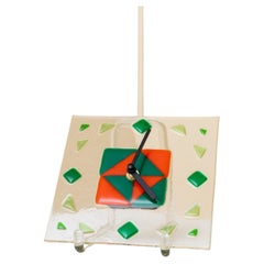Vintage Glass Wall Clock Green and Orange Murano Memphis Style Italy, 1980s