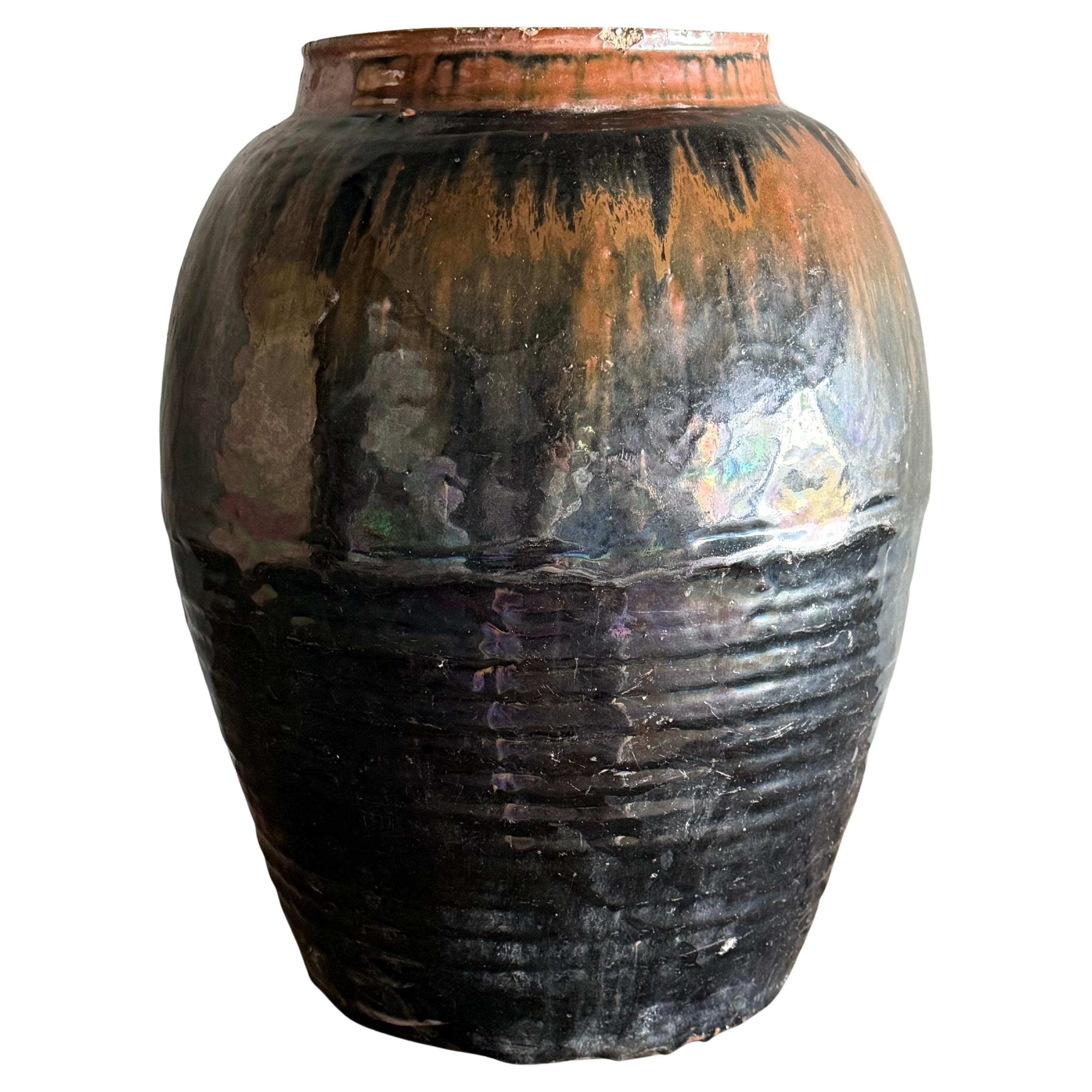 Poterie vintage émaillée noire et brune