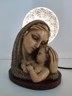 Madonna e Gesù in ceramica smaltata e ottone d'epoca di Arturo Pannunzio, Italia