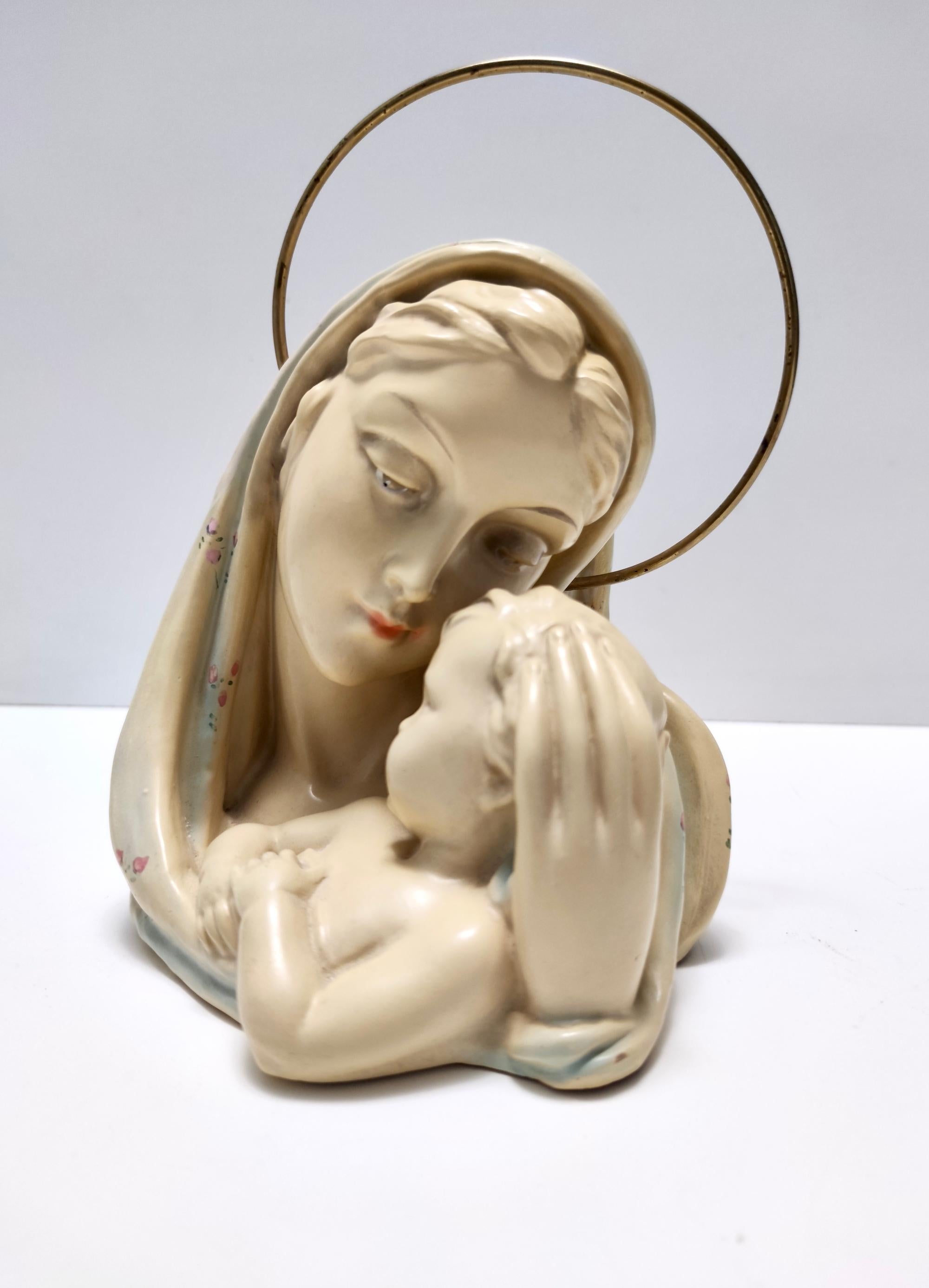 Mid-Century Modern Vintage Glazed Ceramic and Brass Holy Mary and Jesus by Arturo Pannunzio, Italy For Sale