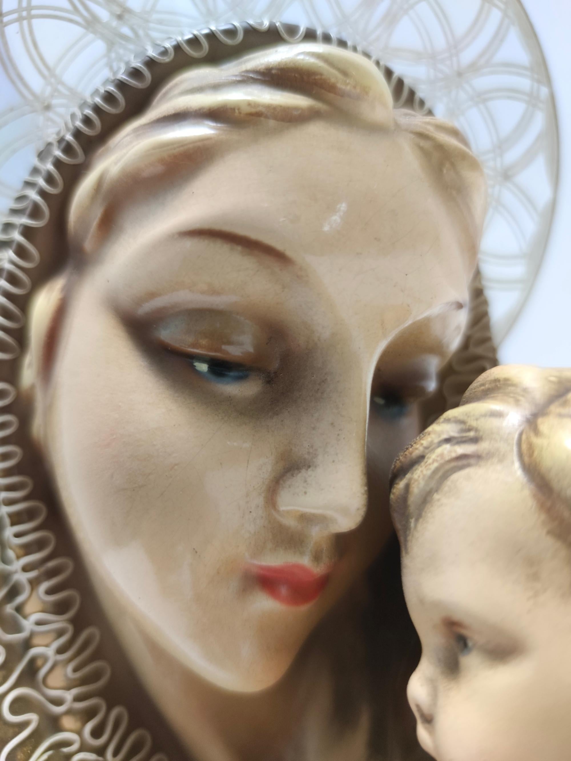 Vintage Glazed Ceramic and Brass Holy Mary and Jesus by Arturo Pannunzio, Italy For Sale 1
