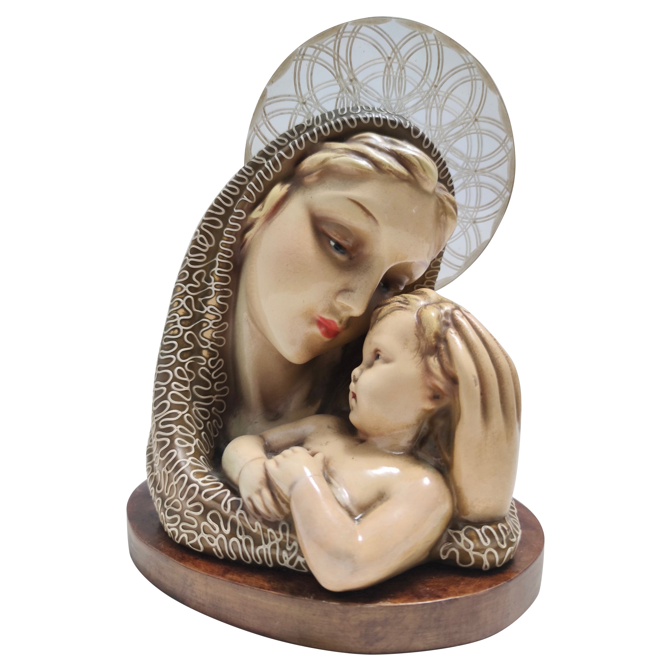 Madonna e Gesù in ceramica smaltata e ottone d'epoca di Arturo Pannunzio, Italia