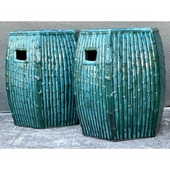 Vintage Glazed Ceramic Bamboo Garden Stools - A Pair