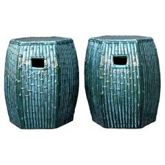 Vintage Glazed Ceramic Bamboo Garden Stools - A Pair