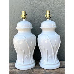 Vintage Glazed Ceramic Bamboo Lamps - A Pair