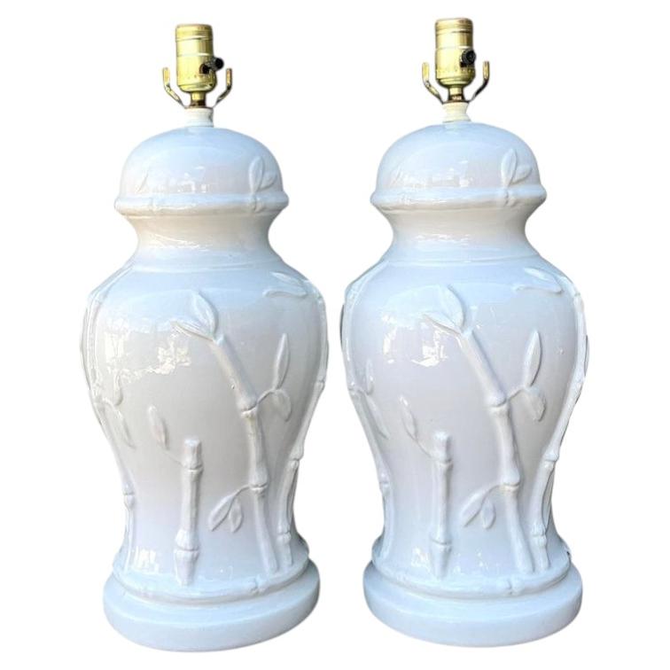 Vintage Glazed Ceramic Bamboo Lamps - A Pair