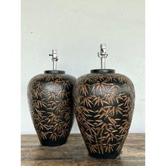 Vintage Glazed Ceramic Bamboo Shoots Lamps - A Pair