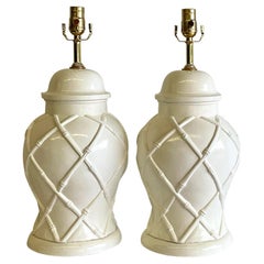 Vintage Glazed Ceramic Bamboo Trellis Lamps, a Pair