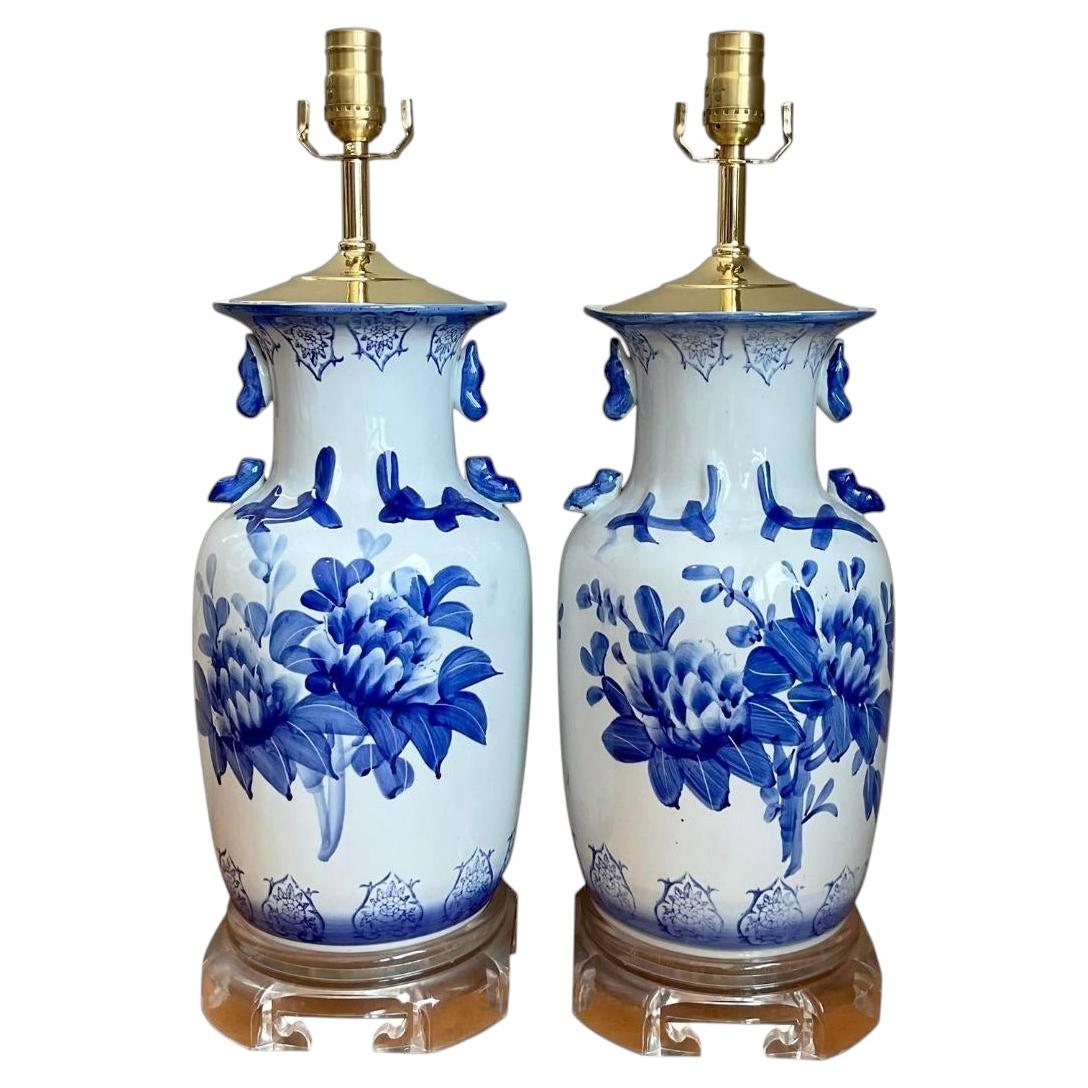 Vintage Glazed Ceramic Blue and White Lamps - A Pair