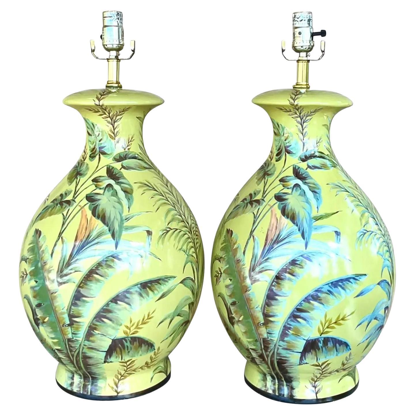 Vintage Glazed Ceramic Botanical Print Lamp a Pair at 1stDibs