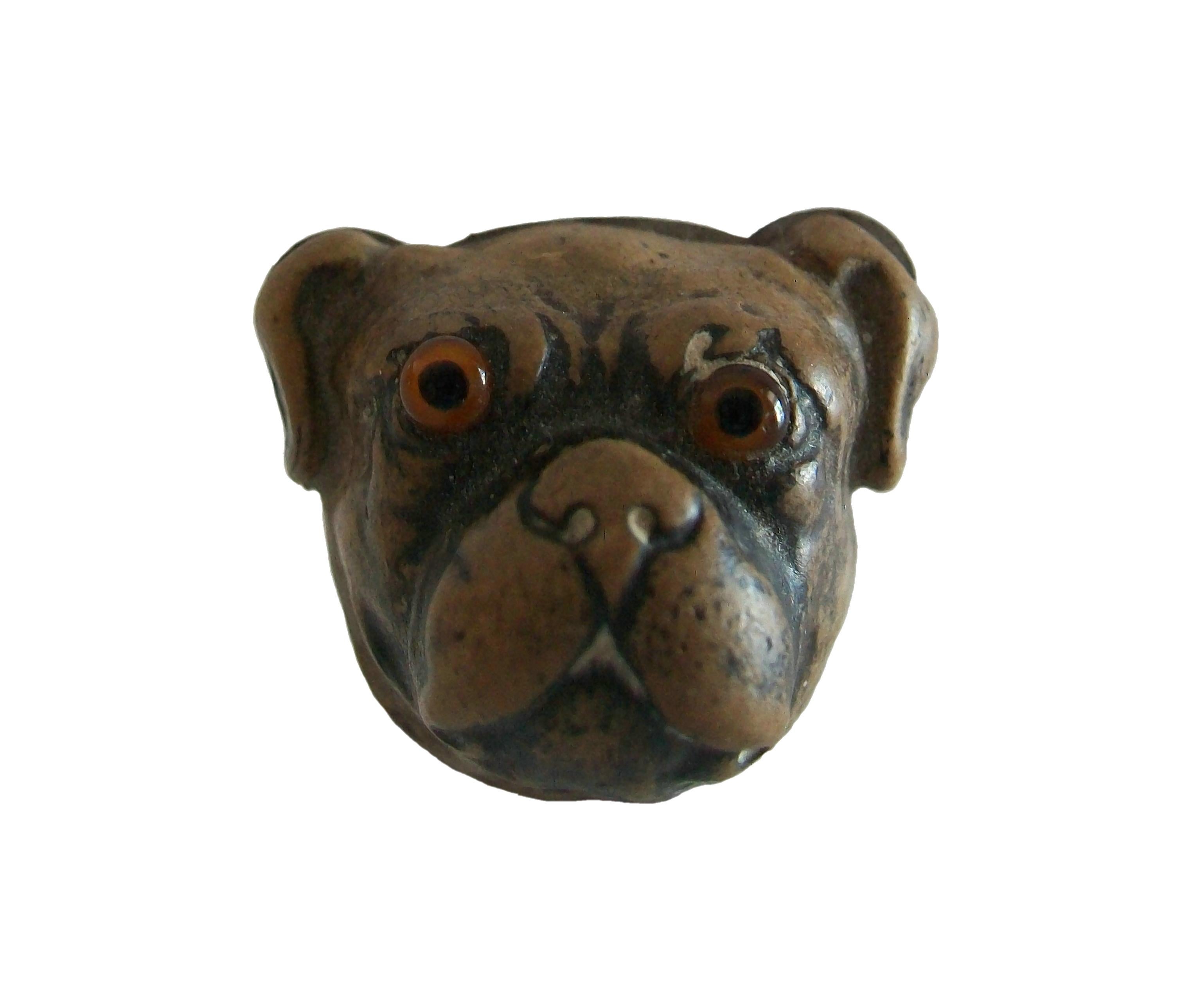 Vintage glazed ceramic 'bull dog' brooch or pin - medium size - hand made - realistically modelled and set with two glass eyes - metal back and pin - unsigned - early 20th century.

Excellent vintage condition - all original - no loss - no damage -