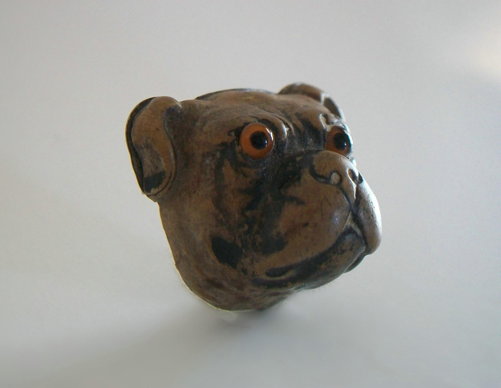 Victorian Vintage Glazed Ceramic 'Bull Dog' Brooch/Pin - Glass Eyes - Early 20th Century For Sale