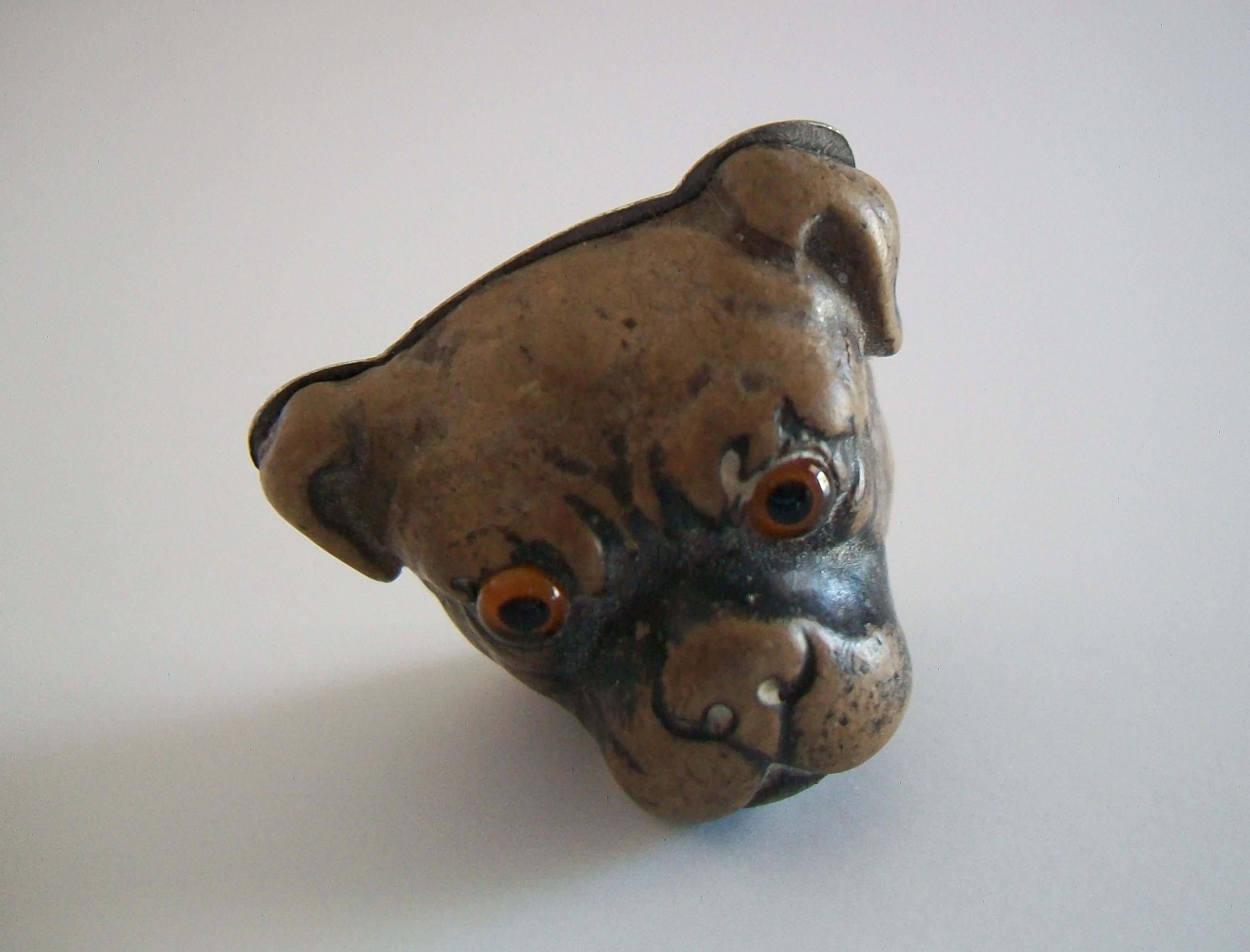 Women's or Men's Vintage Glazed Ceramic 'Bull Dog' Brooch/Pin - Glass Eyes - Early 20th Century For Sale