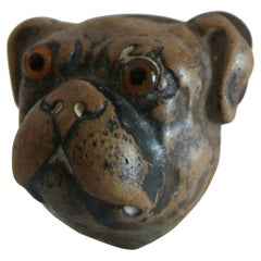 Antique Glazed Ceramic 'Bull Dog' Brooch/Pin - Glass Eyes - Early 20th Century