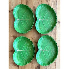 Vintage Glazed Ceramic Cabbage Leaf Plates - Set of 8