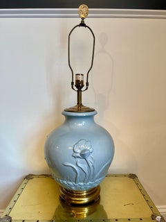 Vintage Glazed Ceramic Chinoiserie Lotus Lamp