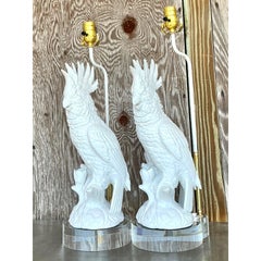 Vintage Glazed Ceramic Cockatoo Lamps - A Pair