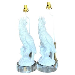 Vintage Glazed Ceramic Cockatoo Lamps - A Pair