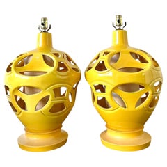 Vintage Glazed Ceramic Cutout Lamps - A Pair