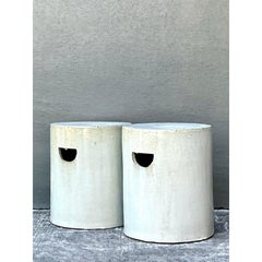 Vintage Glazed Ceramic Cylinder Garden Stools - A Pair