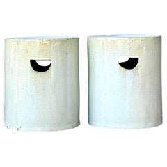 Vintage Glazed Ceramic Cylinder Garden Stools - A Pair